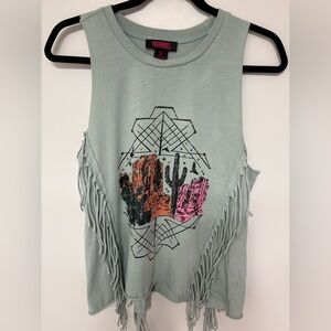 Rock & Roll Cowgirl Graphic Fringe Muscle Tee - Light Green